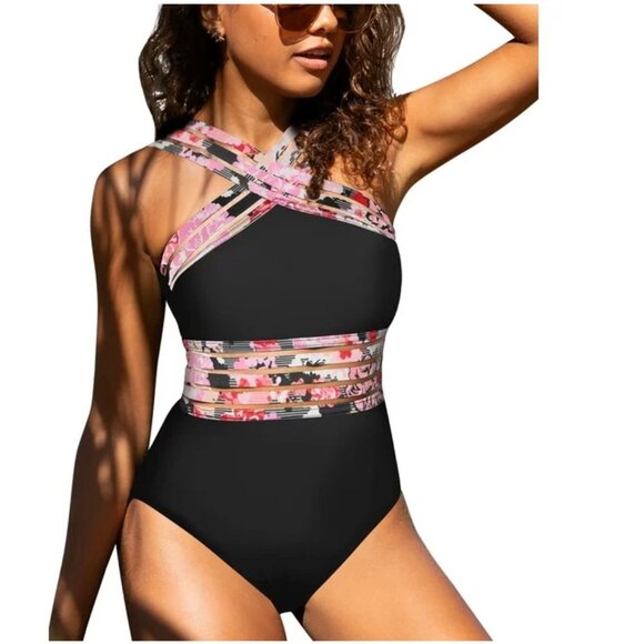 Hilor | Black and Pink Floral Colorblock Halter Style One Piece Swimsuit Medium - Picture 1 of 7